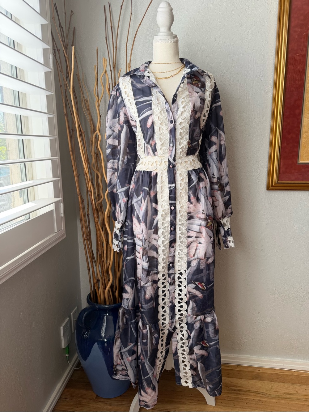 80~ NWT I TOO Navy White & Pink Butterfly Floral Long Sleeve Maxi Dress